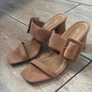 Vionic Women's Suede Buckle Block Heel Sandals — Taupe Brown